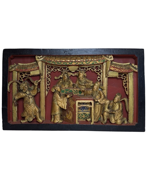 Chinees verguld houtsnijpaneel met confuciaanse geleerden scène Qing periode