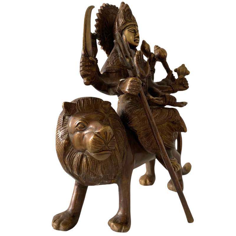 bronzen Durga beeld op leeuw – oud Hindoe godinnenbeeld uit India