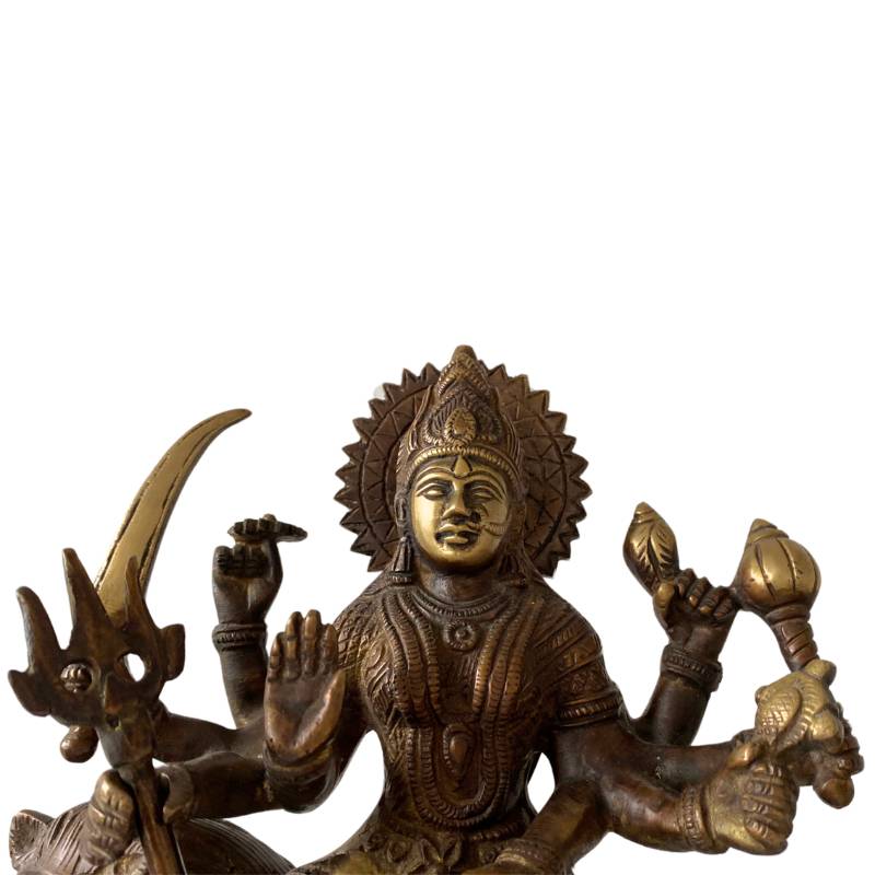 Durga beeld in brons met meerdere armen op leeuw – Hindoe godin uit India