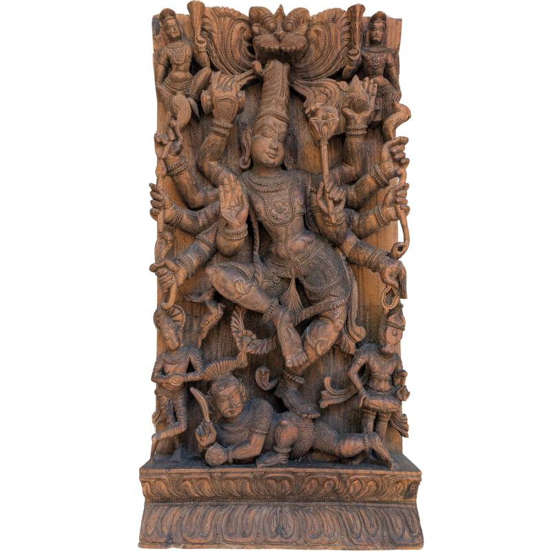 Durga Mahishasura houten paneel Zuid India tempelreliëf