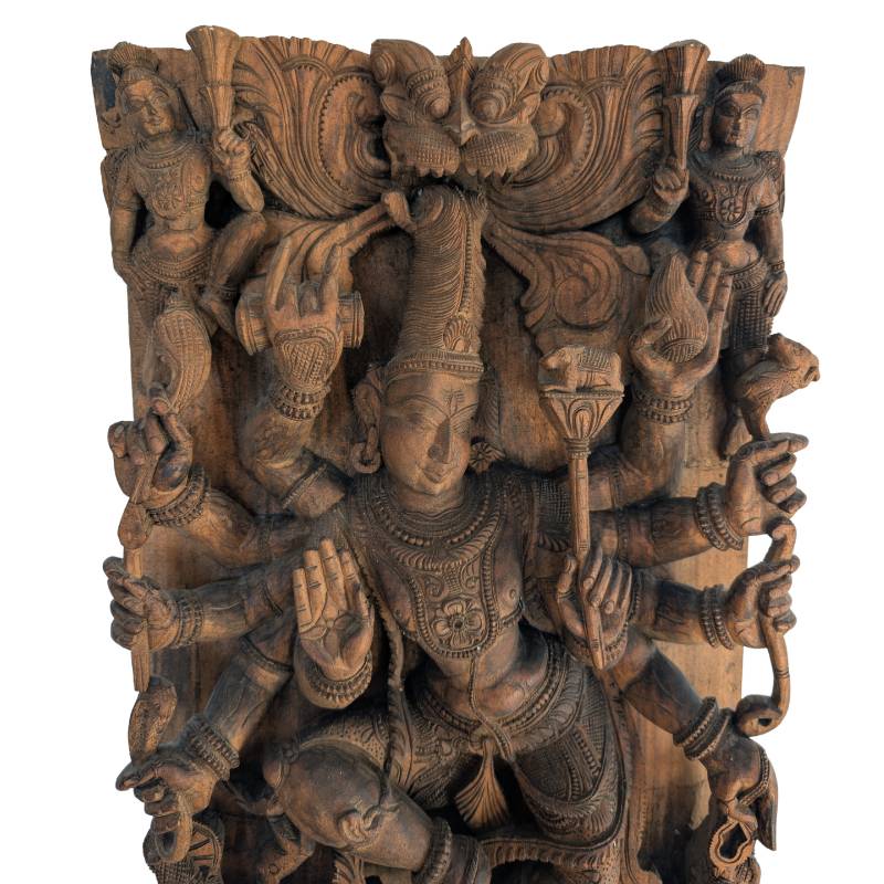 Durga paneel hout India religieuze sculptuur wandpaneel
