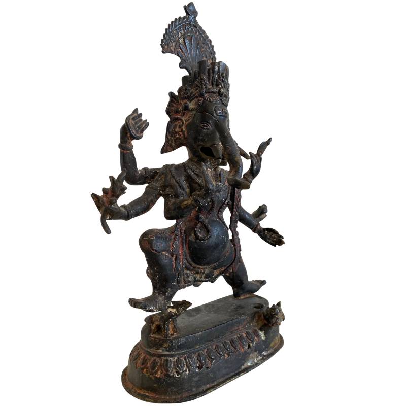Bronzen Ganesha-beeld met zichtbare resten van oorspronkelijke vuurvergulding en patina