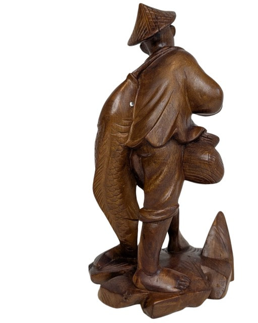 Geluksbeeld van visser met karper houten beeld uit China