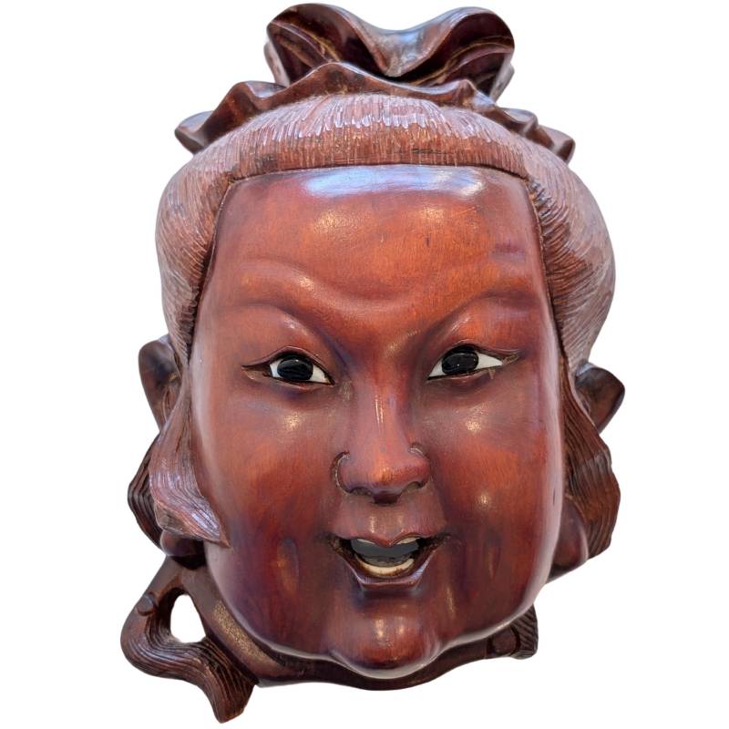 Chinees Guanyin maskerhoofd in hout met glazen ogen en botten tanden