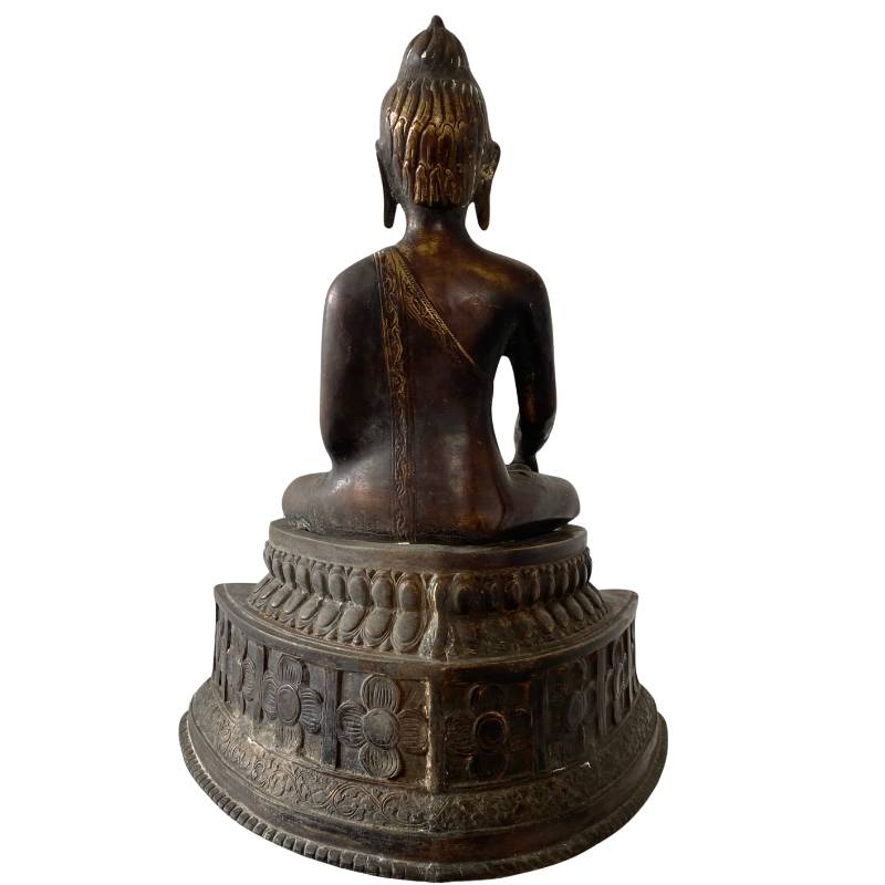 Himalaya bronzen Boeddha met troon en dierenpanelen, oud oppervlak en patina, dhyana mudra
