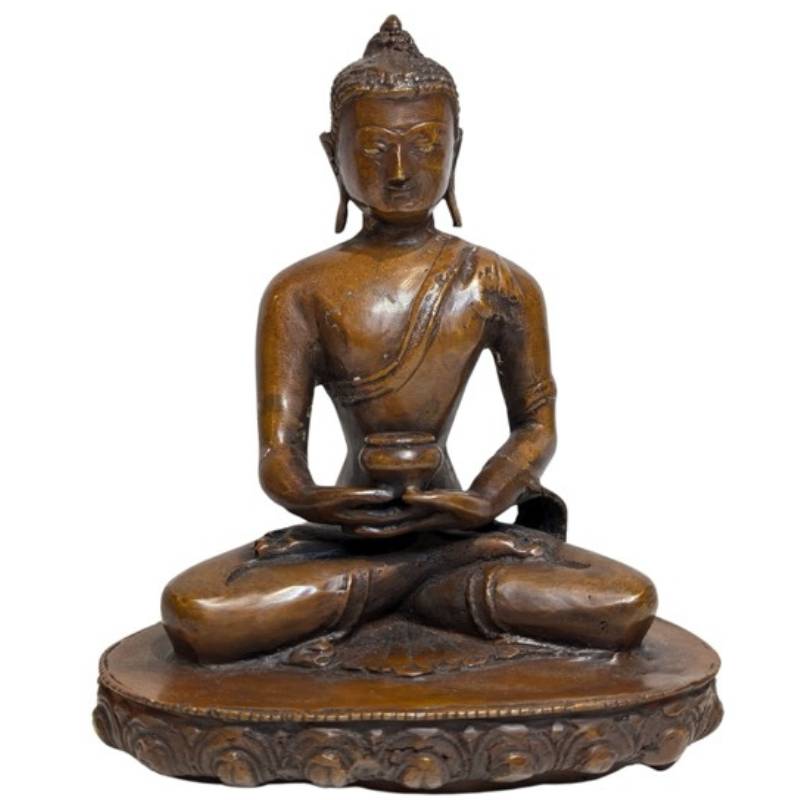 Detail van gezicht met restvergulding op Himalaya bronzen Boeddha in Dhyana mudra, 17e eeuw