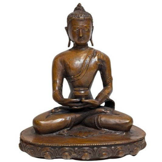 Detail van gezicht met restvergulding op Himalaya bronzen Boeddha in Dhyana mudra, 17e eeuw