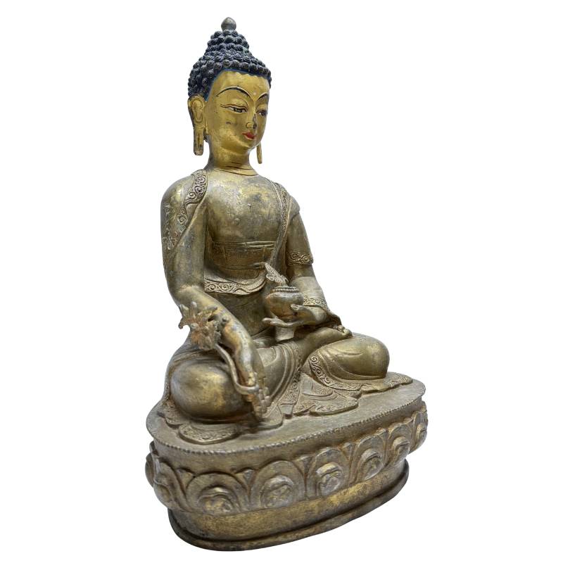 Bronzen Geneesheer Boeddha op dubbele lotusbasis met natuurlijke patina