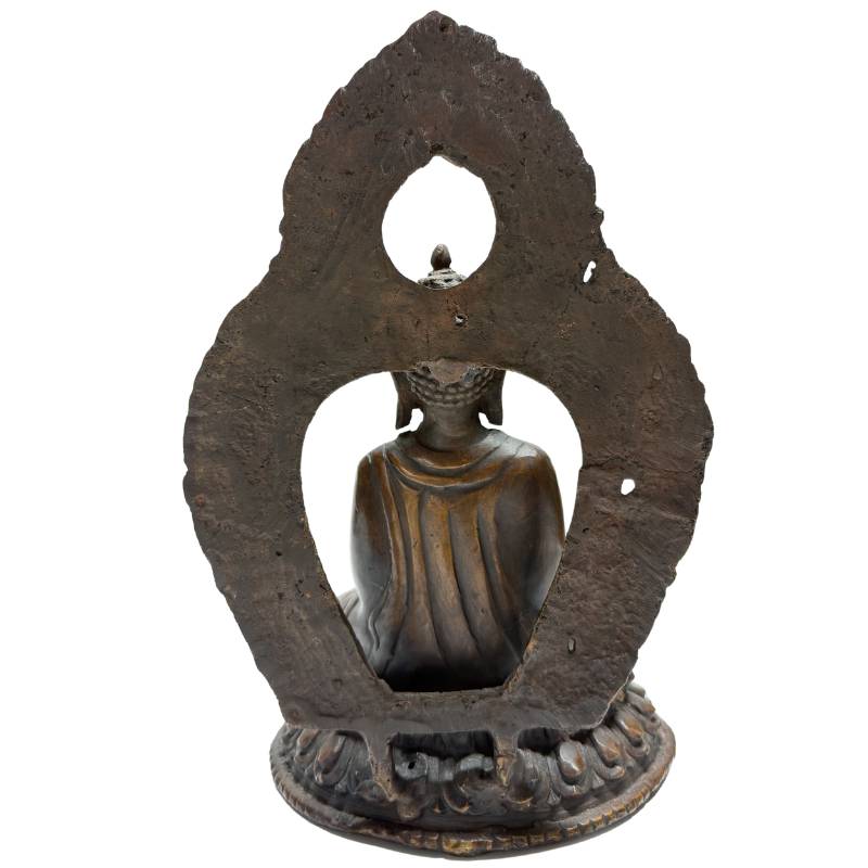 Himalaya meditatie Boeddha set in brons met dhyana mudra en rituele uitstraling