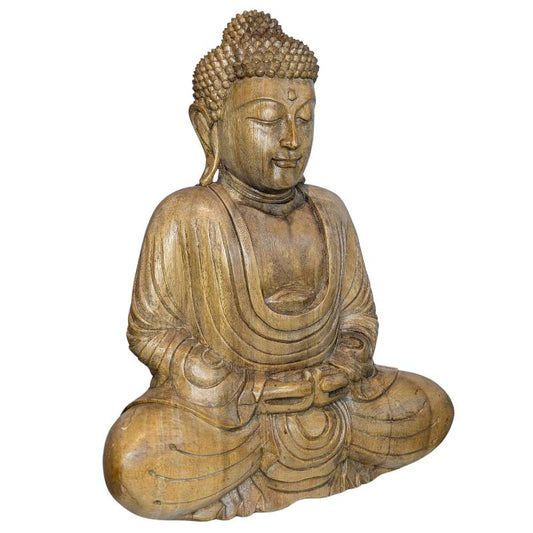 Zittend houten Boeddhabeeld uit Zuidoost-Azië midden 20e eeuw in dhyana mudra