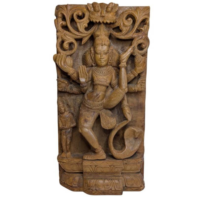 Antiek houten tempelreliëf van Shiva Nataraja Zuid India 19e eeuw