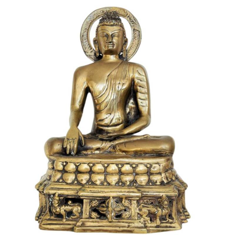 Kashmirse vergulde bronzen Boeddha in Bhumisparsha mudra, 18e eeuw, Himalaya tempelbeeld