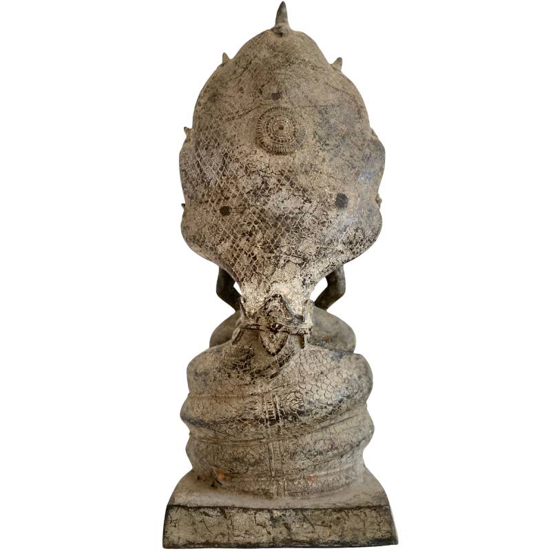 Khmer Mucalinda Boeddha in brons met natuurlijke patina en veroudering