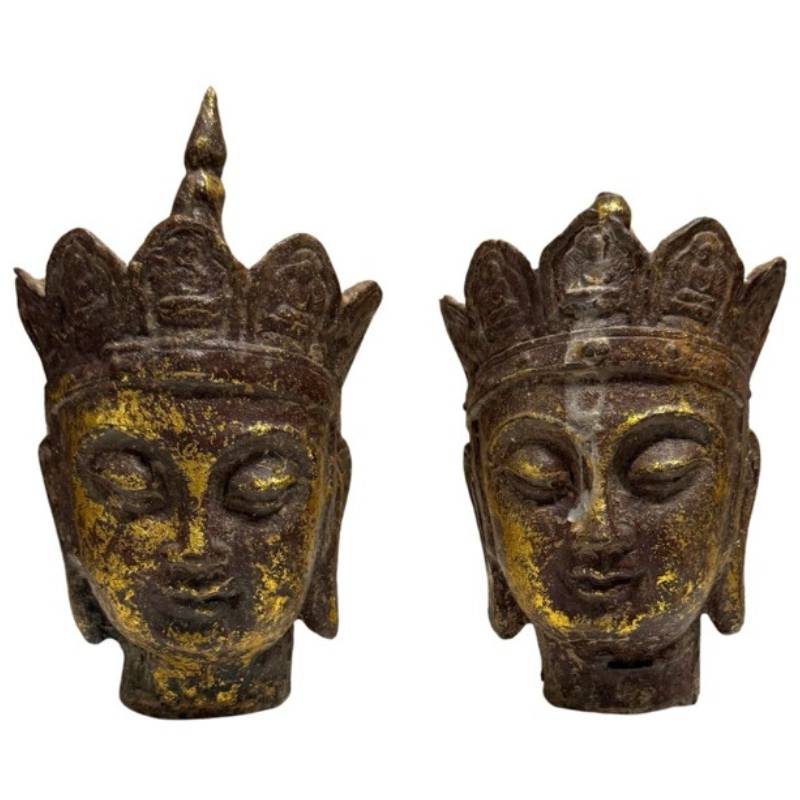 Paar hoofden van Ksitigarbha Dizang Pusa in verguld gietijzer, Chinees boeddhistisch devotiefragment