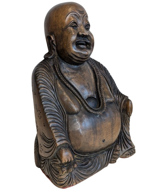 Handgesneden houten Budai beeld als Lachende Boeddha uit China
