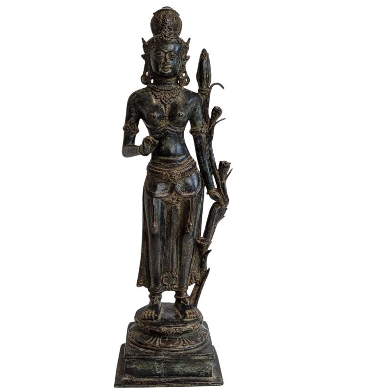 Bronzen Lakshmi Sri Devi godin uit Zuid India met lotus en sieraden