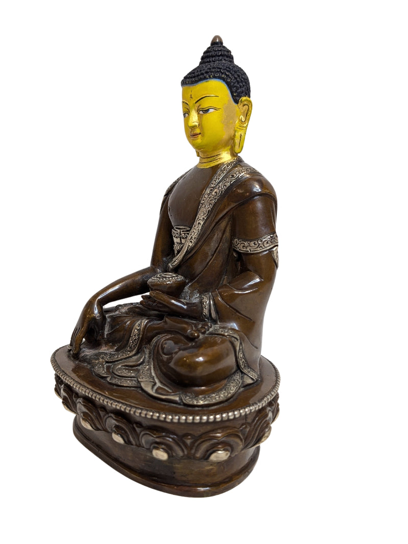 Medicijn Boeddha Bhaisajyaguru uit Tibet, bronzen tempelbeeld voor ritueel gebruik