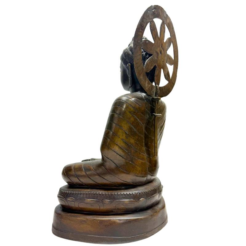 myanmar boeddha dharmachakra mudra bronzen beeld met wiel onderwijzende symboliek