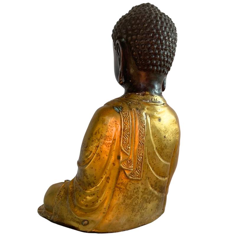 Nepal bronzen Boeddha met stupa in de hand en patina in meditatie houding