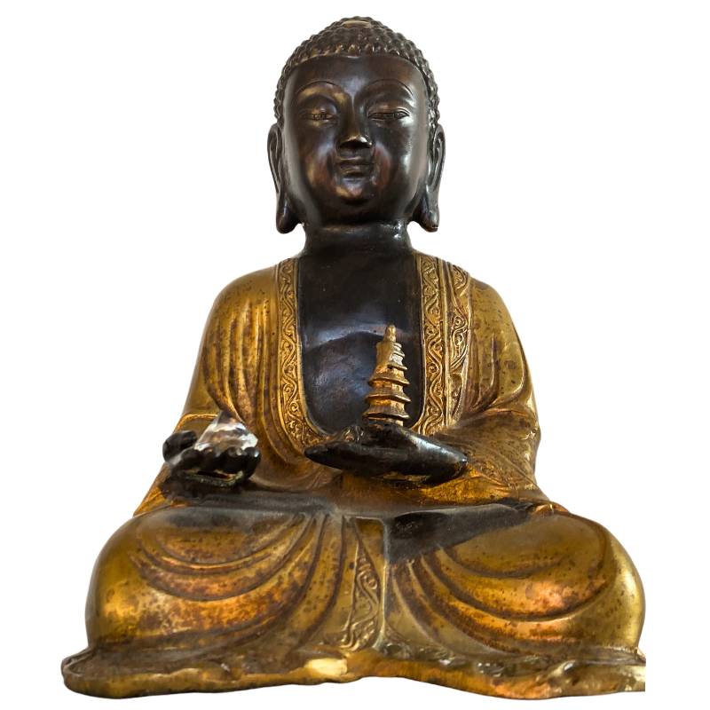 Nepal bronzen Amitabha Boeddha met stupa en kristal in meditatie houding