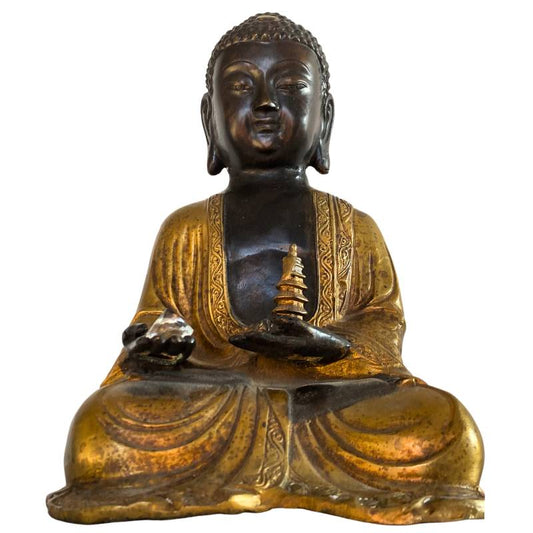 Nepal bronzen Amitabha Boeddha met stupa en kristal in meditatie houding