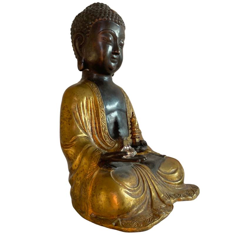 Nepal bronzen Boeddha met vergulding en patina detail in meditatie houding