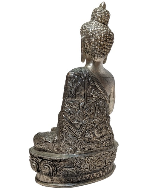 Nepalese Boeddha in zilverkleurige koperlegering Abhaya mudra