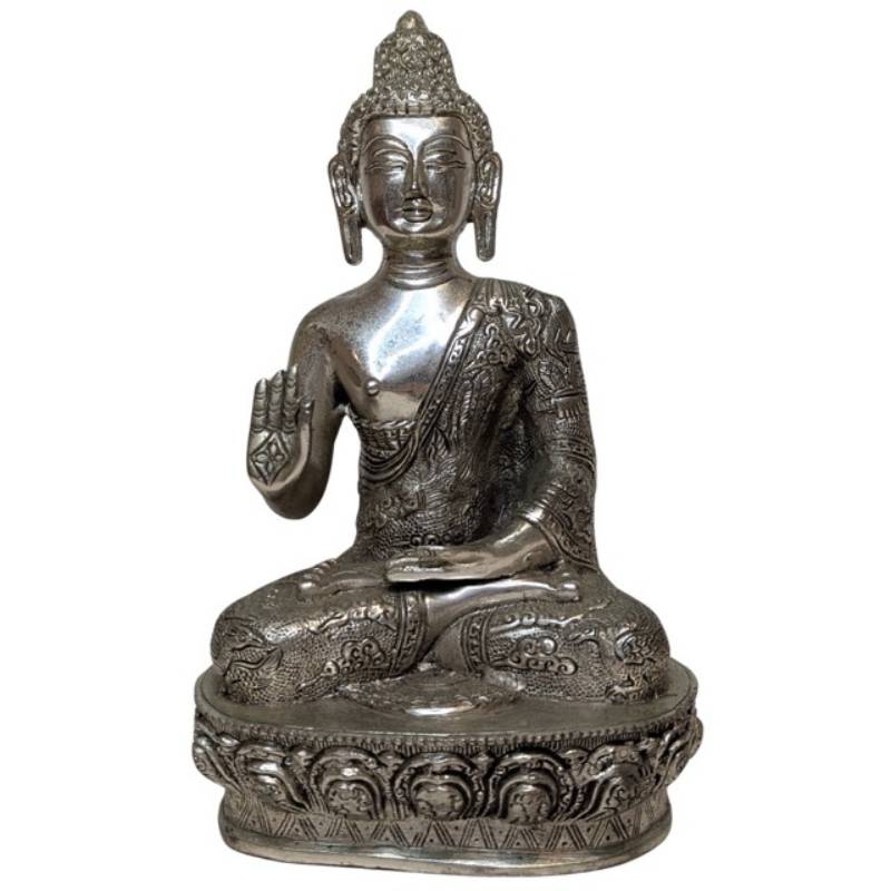 Nepalese Boeddha in zilverkleurige koperlegering Abhaya mudra