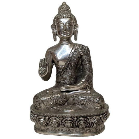 Nepalese Boeddha in zilverkleurige koperlegering Abhaya mudra