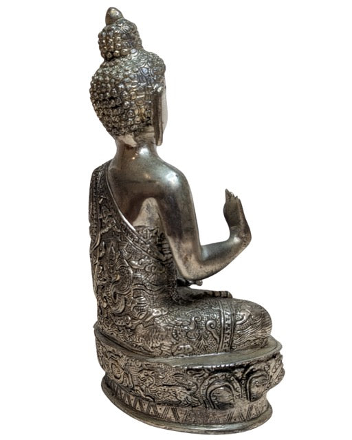 Nepalese Boeddha in zilverkleurige koperlegering Abhaya mudra