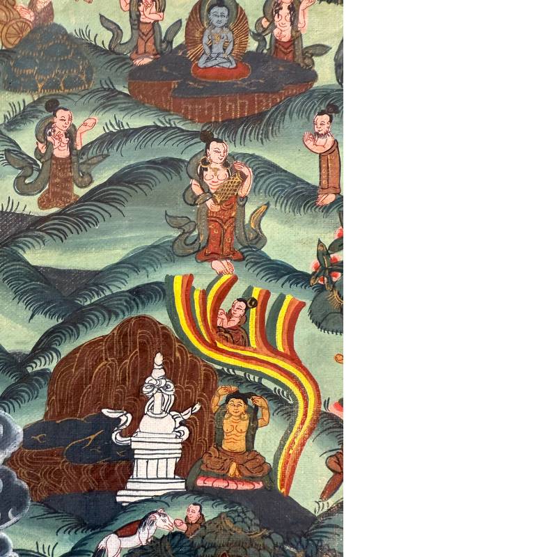 Rituele scènes en architectuur op oude Nepalese thangka