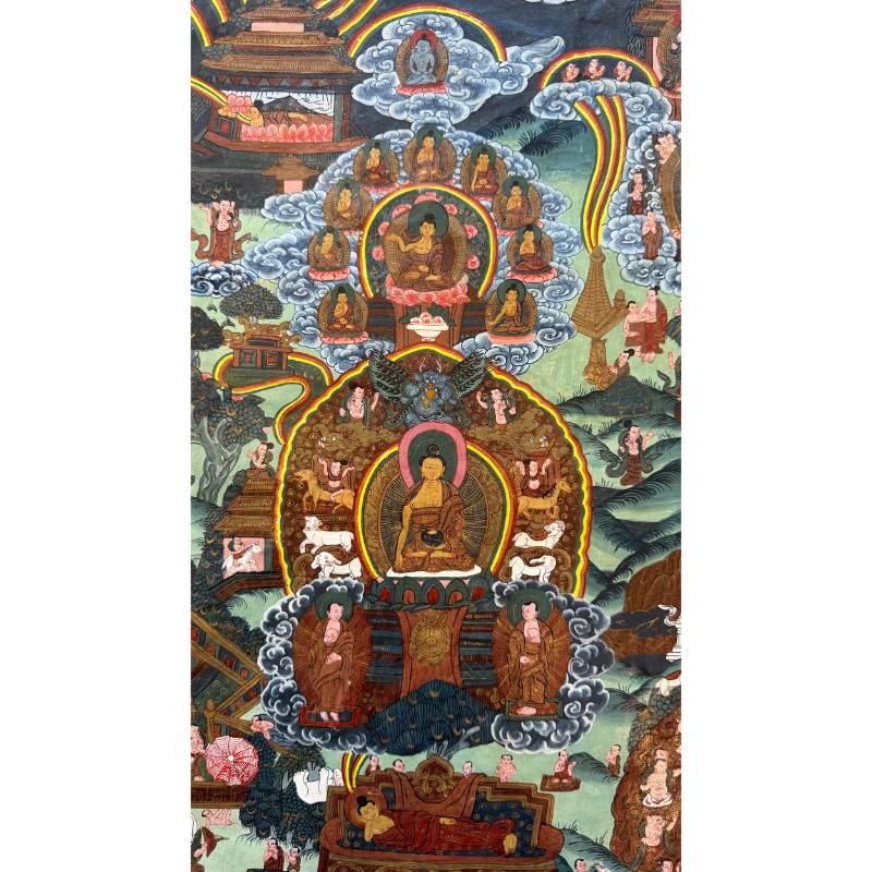 Detail van Boeddha in meditatie op oude Nepalese thangka