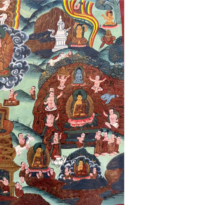 Hemelse figuren en wolkenmotieven op oude Nepalese thangka