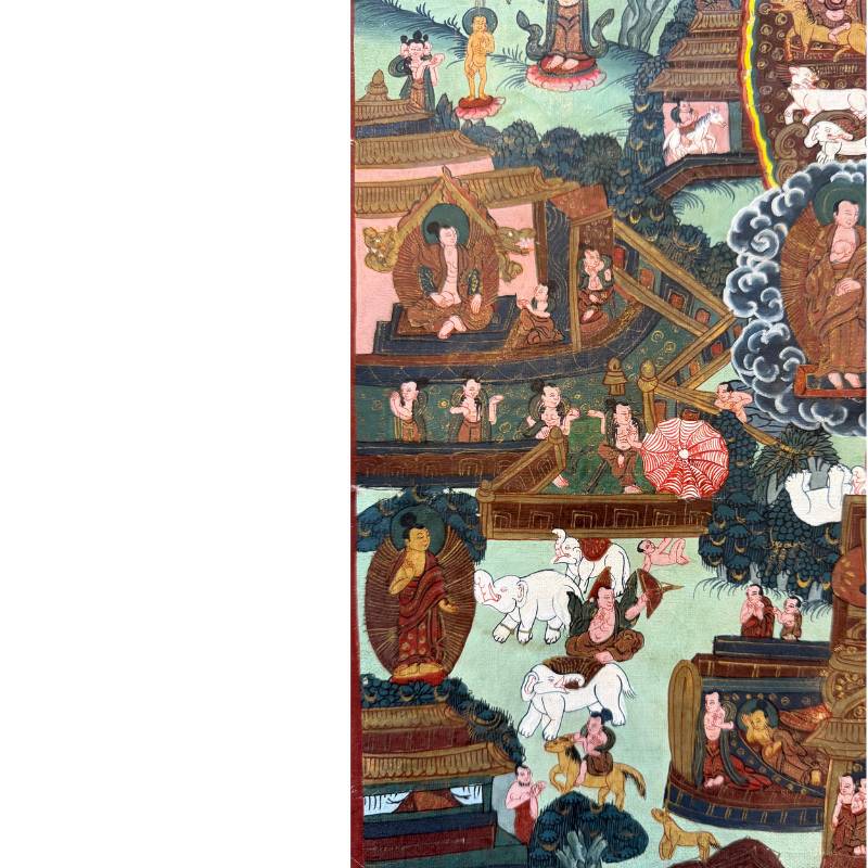 Verhalende scènes met monniken en tempels op Nepalese thangka