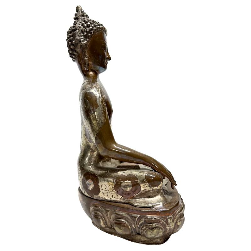 oud bronzen boeddha bhumisparsha mudra bloemmotief handgemaakt