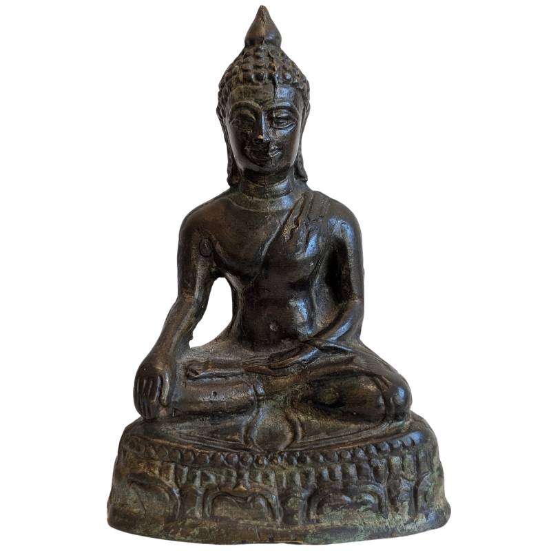 Oud devotioneel boeddhabeeld van brons uit Zuidoost-Azië