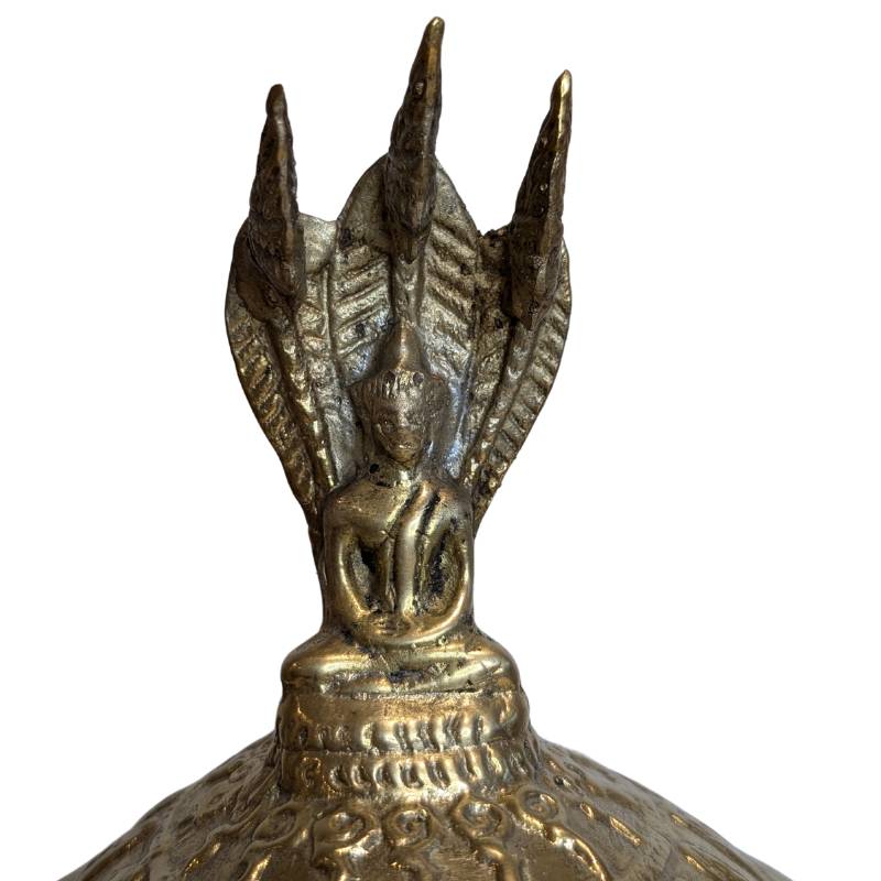 Bronzen rituele offerkom uit boeddhistische praktijk, met deksel en ornamentiek