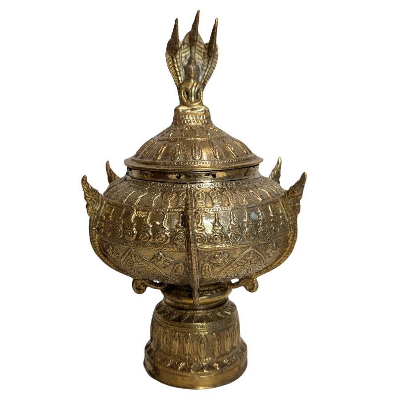 Bronzen boeddhistische rituele offerkom met deksel, rijk gedecoreerde ritual bowl gebruikt in boeddhistische ceremonies