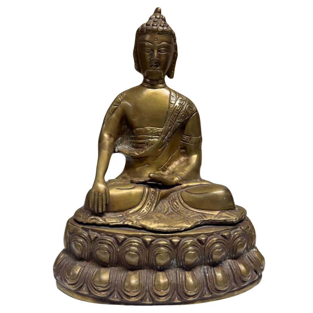 Sino-Tibetaanse bronzen Boeddha uit China met Tibetaanse invloeden, zittend in bhumisparsha mudra, 18e–19e eeuw