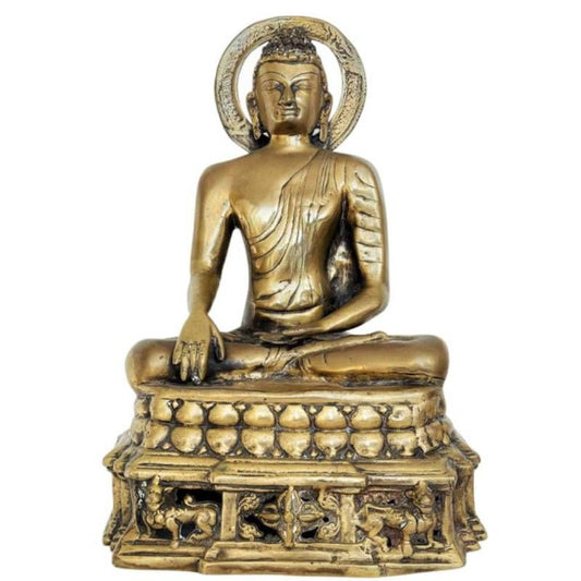 Antieke Sino-Tibetaanse vuurvergulde bronzen boeddha in bhūmisparśa mudra