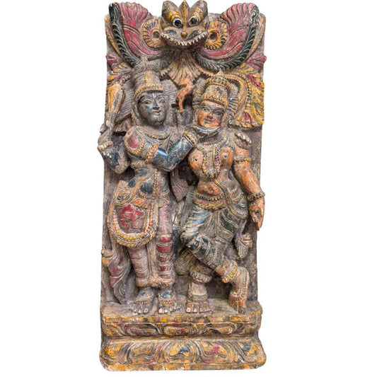 Zuid-Indiaas tempelpaneel Vishnu Lakshmi teakhout polychroom reliëf