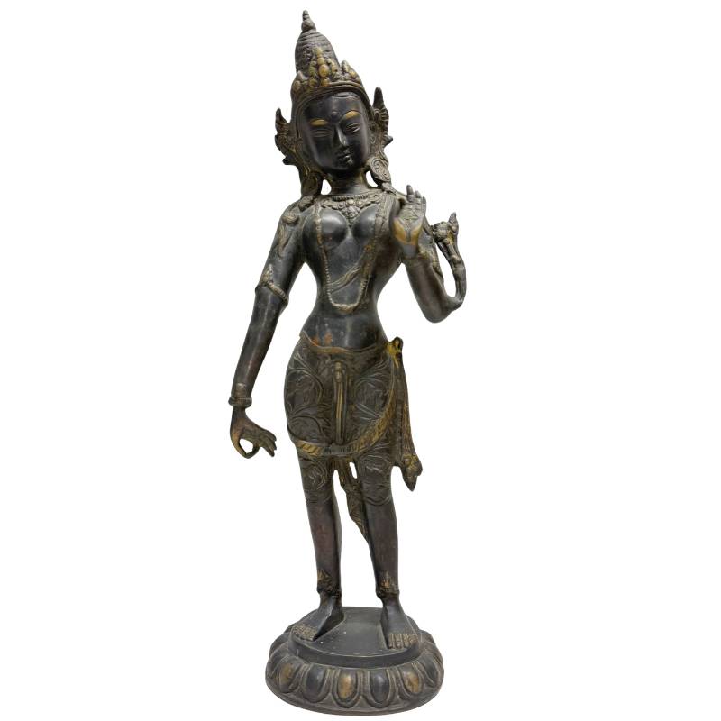 Staande Tara in brons, boeddhistisch beeld uit de Himalaya, 18e–19e eeuw, met natuurlijke patina en gebruikssporen