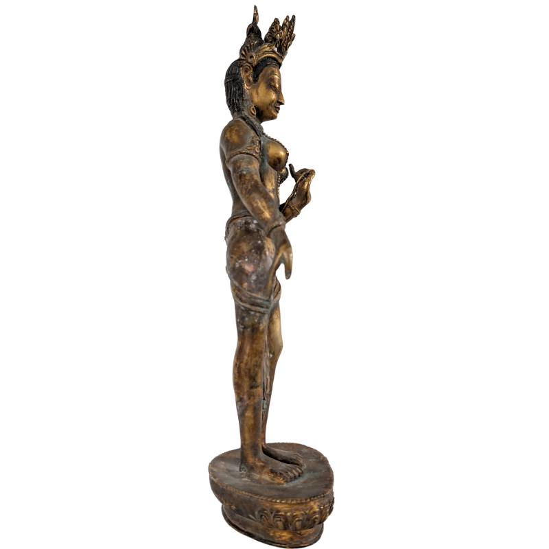 Tara beeld Nepal bronzen sculptuur vuurverguld met utpala lotus varada mudra oude patina