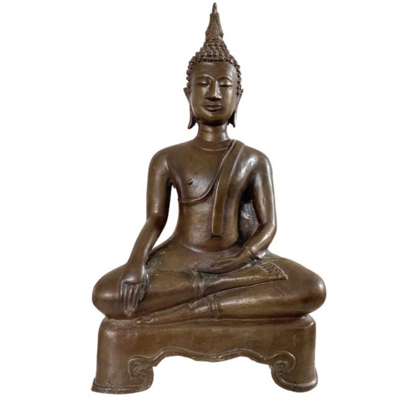 Thaise bronzen Boeddha in Bhumisparsha houding met natuurlijke patina
