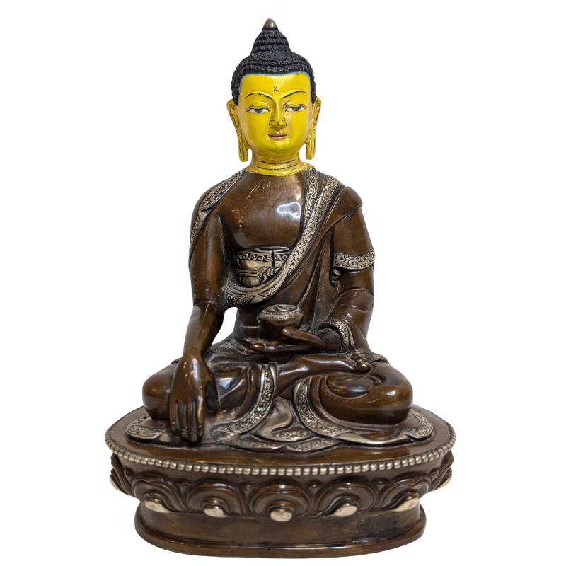 Tibetaanse Medicijn Boeddha Bhaisajyaguru in Dhyana mudra, bronzen tempelbeeld met beschilderd gezicht