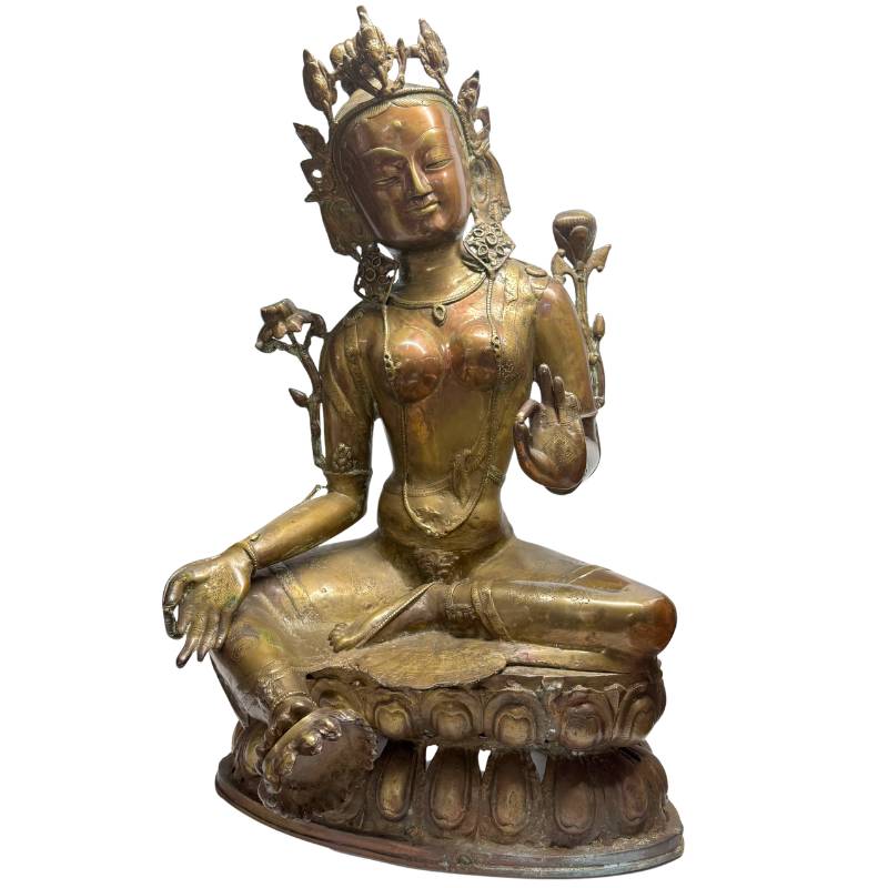 Antiek Tibetaans Tara-beeld in vuurverguld brons met lotusbasis