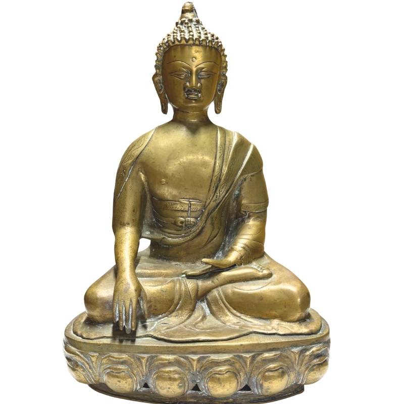 Tibetaans bronzen Boeddhabeeld met oorspronkelijke vuurvergulding, zittend op een lotustroon