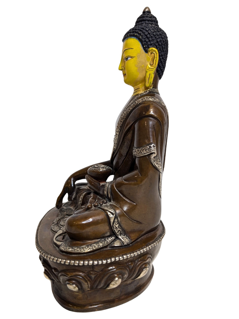 Detail van Tibetaanse bronzen Medicijn Boeddha Bhaisajyaguru met patina