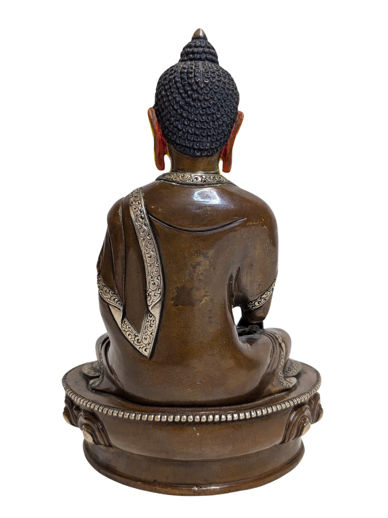 Tibetaanse Medicijn Boeddha Bhaisajyaguru zittend op lotusvoet, bronzen tempelbeeld