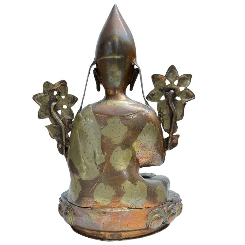 Antieke Tsongkhapa Lama van brons op lotusbasis uit de Himalaya